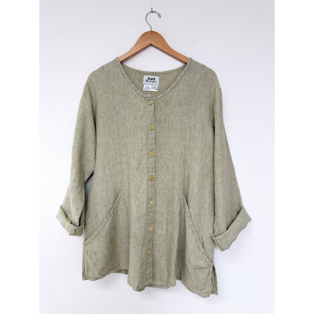 FLAX Linen Tunic Sage Green Oversized Striped Button Down Shirt M